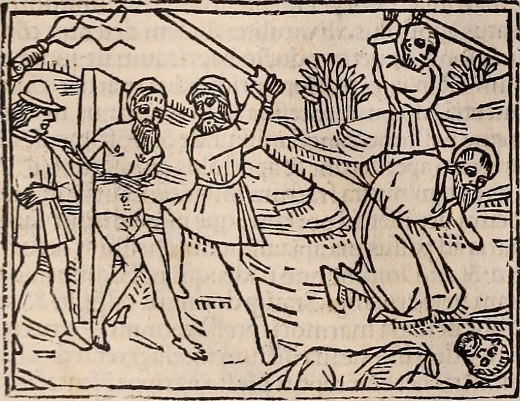 An illustration from Catalogus sanctorum [et] gestorum eoru[m] ex diuersis voluminibus collectus: editus a reuere[n]dissimo in [Christo] patre domino Petro de natalibus de venetijs dei gratia e[pisco]po Equilino, 1506, leaf 263