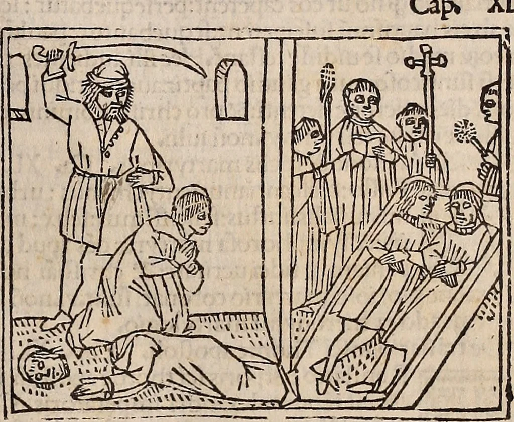 An illustration from Catalogus sanctorum [et] gestorum eoru[m] ex diuersis voluminibus collectus: editus a reuere[n]dissimo in [Christo] patre domino Petro de natalibus de venetijs dei gratia e[pisco]po Equilino, 1506, leaf 268