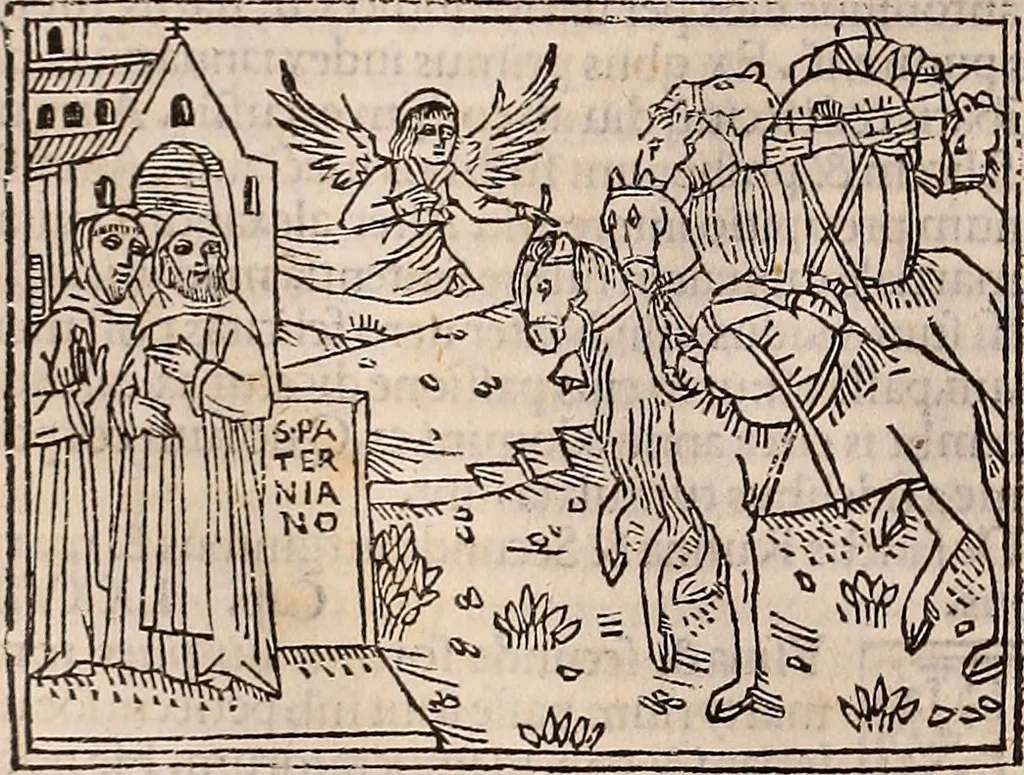 An illustration from Catalogus sanctorum [et] gestorum eoru[m] ex diuersis voluminibus collectus: editus a reuere[n]dissimo in [Christo] patre domino Petro de natalibus de venetijs dei gratia e[pisco]po Equilino, 1506, leaf 277