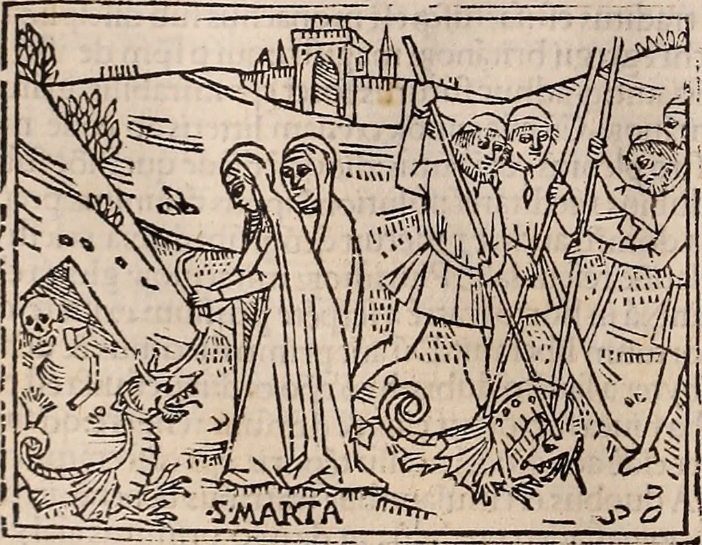 An illustration from Catalogus sanctorum [et] gestorum eoru[m] ex diuersis voluminibus collectus: editus a reuere[n]dissimo in [Christo] patre domino Petro de natalibus de venetijs dei gratia e[pisco]po Equilino, 1506, leaf 303