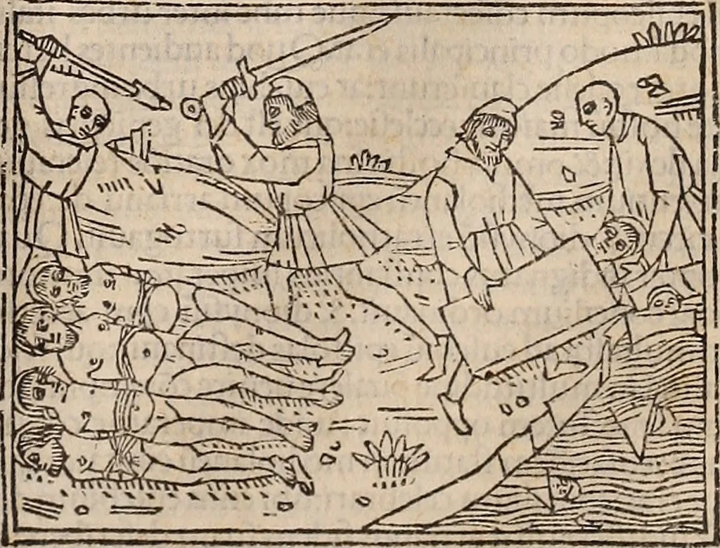 An illustration from Catalogus sanctorum [et] gestorum eoru[m] ex diuersis voluminibus collectus: editus a reuere[n]dissimo in [Christo] patre domino Petro de natalibus de venetijs dei gratia e[pisco]po Equilino, 1506, leaf 310
