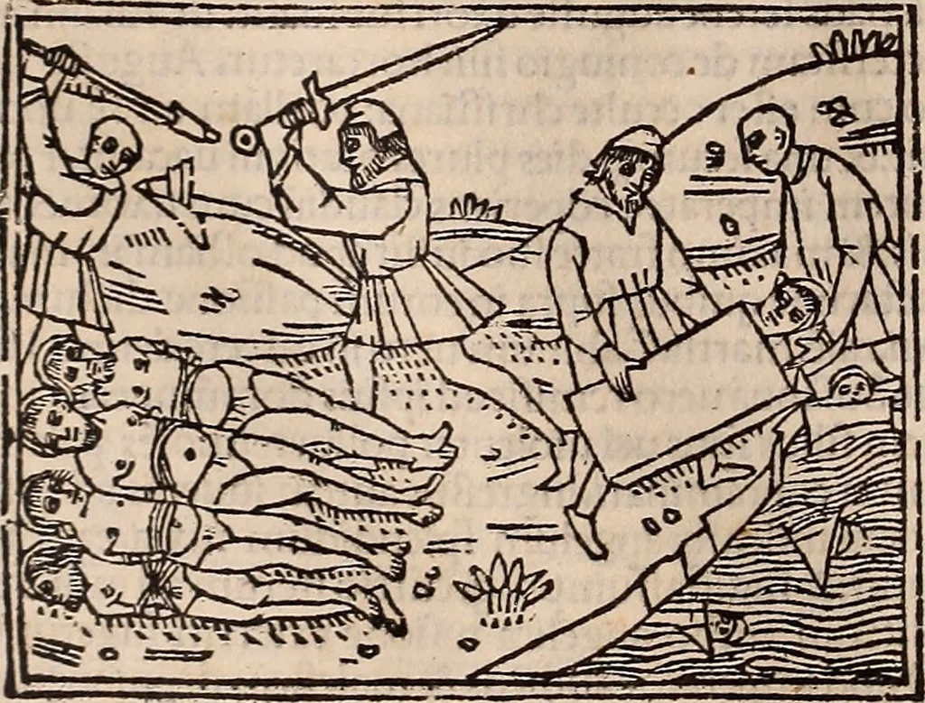 An illustration from Catalogus sanctorum [et] gestorum eoru[m] ex diuersis voluminibus collectus: editus a reuere[n]dissimo in [Christo] patre domino Petro de natalibus de venetijs dei gratia e[pisco]po Equilino, 1506, leaf 327