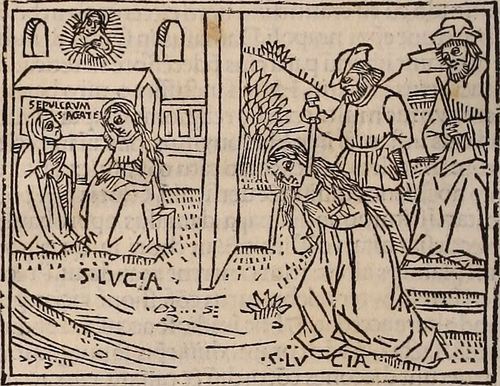 An illustration from Catalogus sanctorum [et] gestorum eoru[m] ex diuersis voluminibus collectus: editus a reuere[n]dissimo in [Christo] patre domino Petro de natalibus de venetijs dei gratia e[pisco]po Equilino, 1506, leaf 33