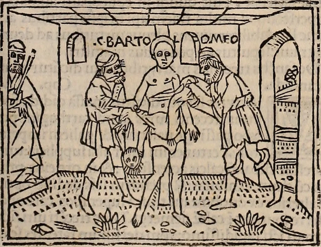 An illustration from Catalogus sanctorum [et] gestorum eoru[m] ex diuersis voluminibus collectus: editus a reuere[n]dissimo in [Christo] patre domino Petro de natalibus de venetijs dei gratia e[pisco]po Equilino, 1506, leaf 344