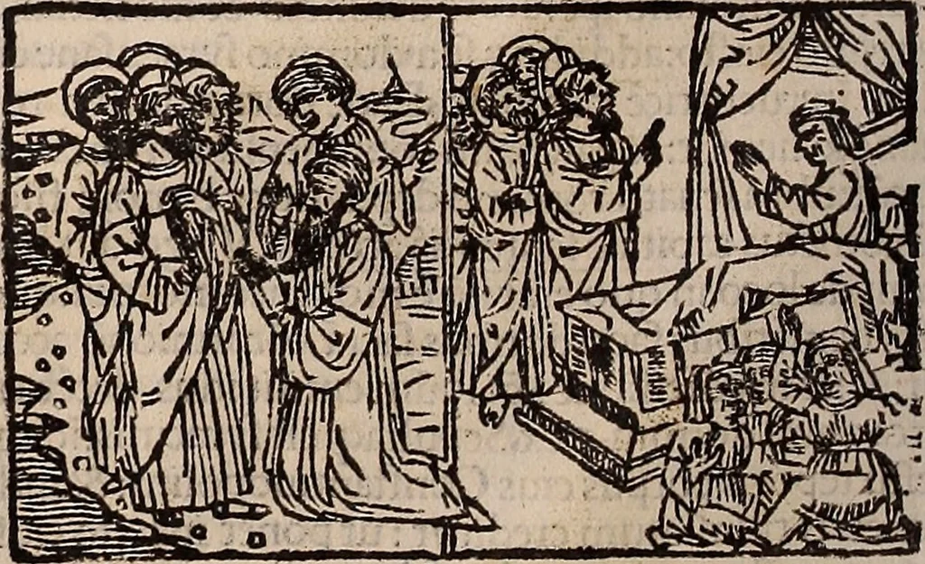 An illustration from Catalogus sanctorum [et] gestorum eoru[m] ex diuersis voluminibus collectus: editus a reuere[n]dissimo in [Christo] patre domino Petro de natalibus de venetijs dei gratia e[pisco]po Equilino, 1506, leaf 35