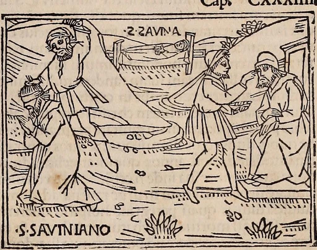 An illustration from Catalogus sanctorum [et] gestorum eoru[m] ex diuersis voluminibus collectus: editus a reuere[n]dissimo in [Christo] patre domino Petro de natalibus de venetijs dei gratia e[pisco]po Equilino, 1506, leaf 356