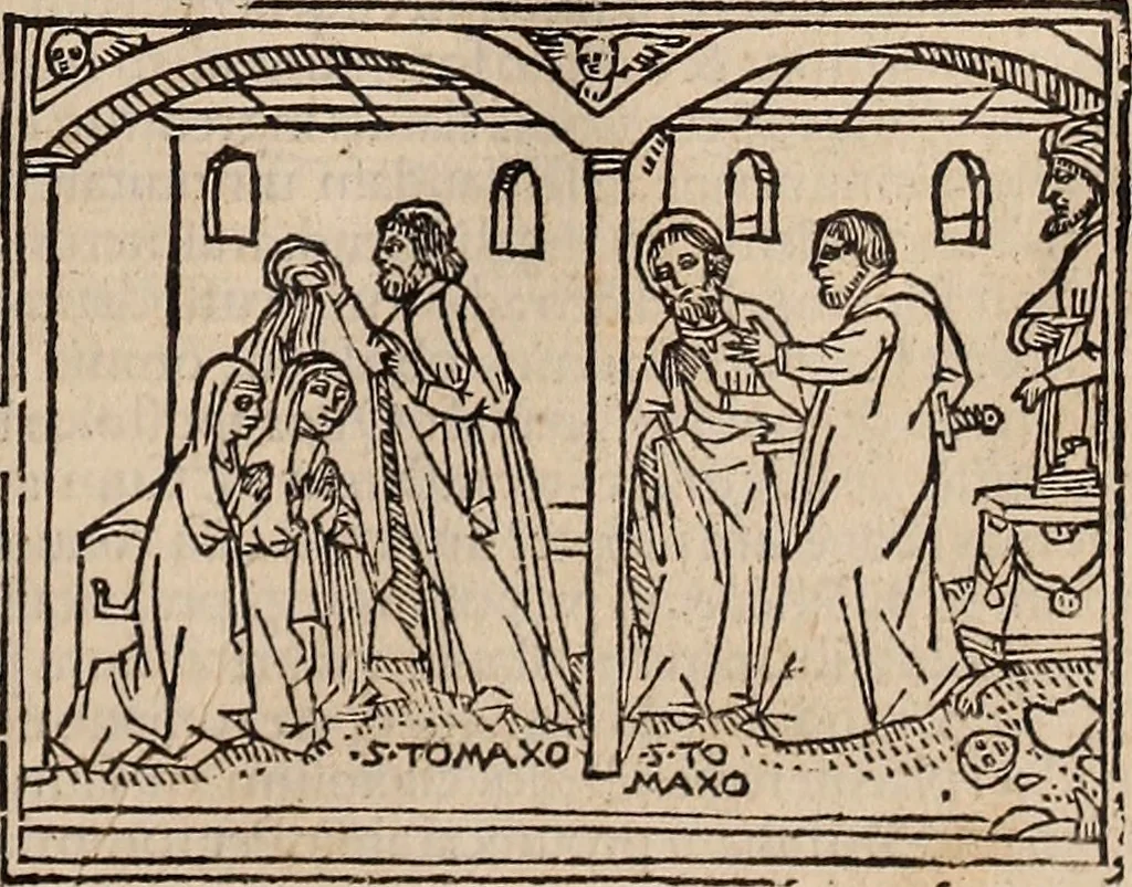 An illustration from Catalogus sanctorum [et] gestorum eoru[m] ex diuersis voluminibus collectus: editus a reuere[n]dissimo in [Christo] patre domino Petro de natalibus de venetijs dei gratia e[pisco]po Equilino, 1506, leaf 36