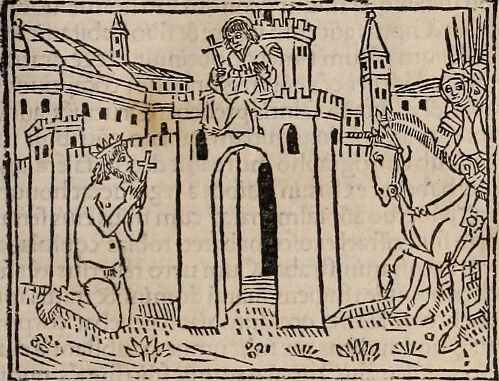 An illustration from Catalogus sanctorum [et] gestorum eoru[m] ex diuersis voluminibus collectus: editus a reuere[n]dissimo in [Christo] patre domino Petro de natalibus de venetijs dei gratia e[pisco]po Equilino, 1506, leaf 384