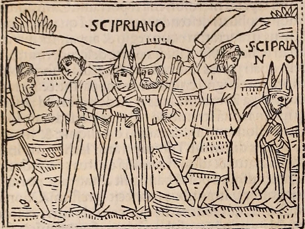 An illustration from Catalogus sanctorum [et] gestorum eoru[m] ex diuersis voluminibus collectus: editus a reuere[n]dissimo in [Christo] patre domino Petro de natalibus de venetijs dei gratia e[pisco]po Equilino, 1506, leaf 385