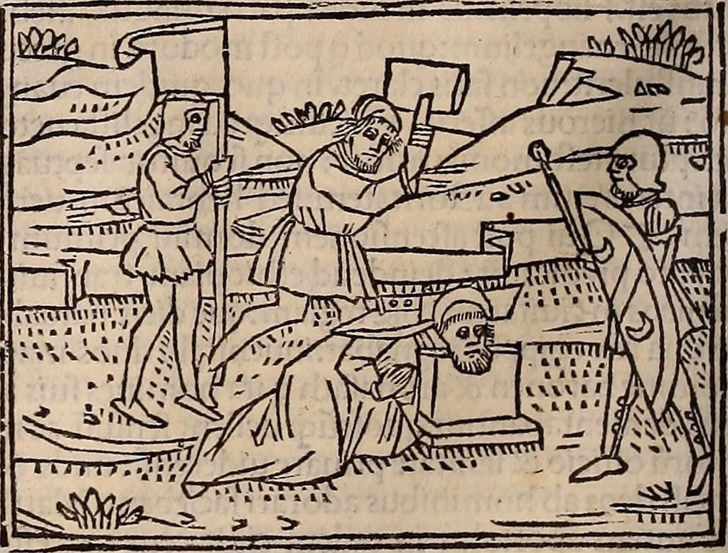 An illustration from Catalogus sanctorum [et] gestorum eoru[m] ex diuersis voluminibus collectus: editus a reuere[n]dissimo in [Christo] patre domino Petro de natalibus de venetijs dei gratia e[pisco]po Equilino, 1506, leaf 395