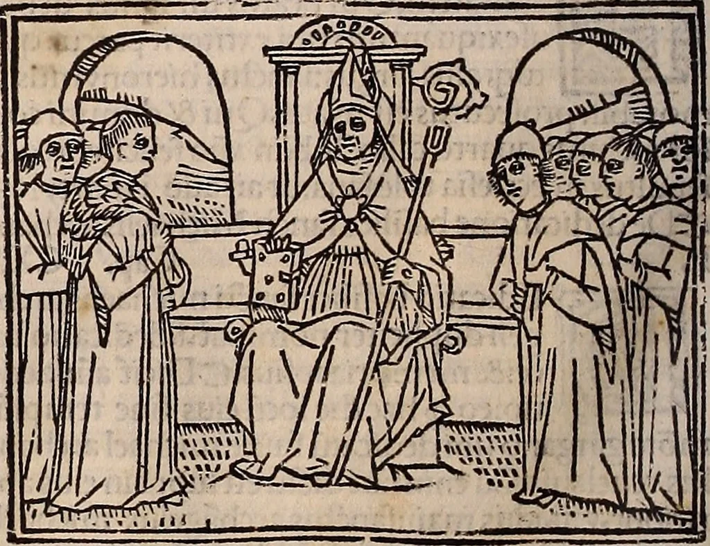 An illustration from Catalogus sanctorum [et] gestorum eoru[m] ex diuersis voluminibus collectus: editus a reuere[n]dissimo in [Christo] patre domino Petro de natalibus de venetijs dei gratia e[pisco]po Equilino, 1506, leaf 405
