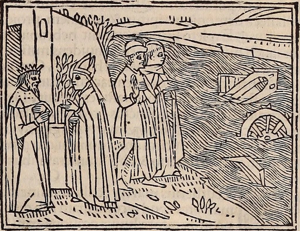 An illustration from Catalogus sanctorum [et] gestorum eoru[m] ex diuersis voluminibus collectus: editus a reuere[n]dissimo in [Christo] patre domino Petro de natalibus de venetijs dei gratia e[pisco]po Equilino, 1506, leaf 414