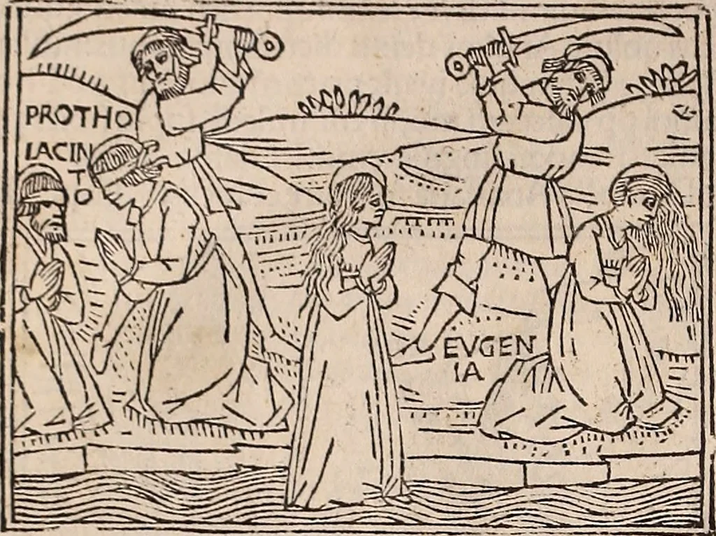 An illustration from Catalogus sanctorum [et] gestorum eoru[m] ex diuersis voluminibus collectus: editus a reuere[n]dissimo in [Christo] patre domino Petro de natalibus de venetijs dei gratia e[pisco]po Equilino, 1506, leaf 43