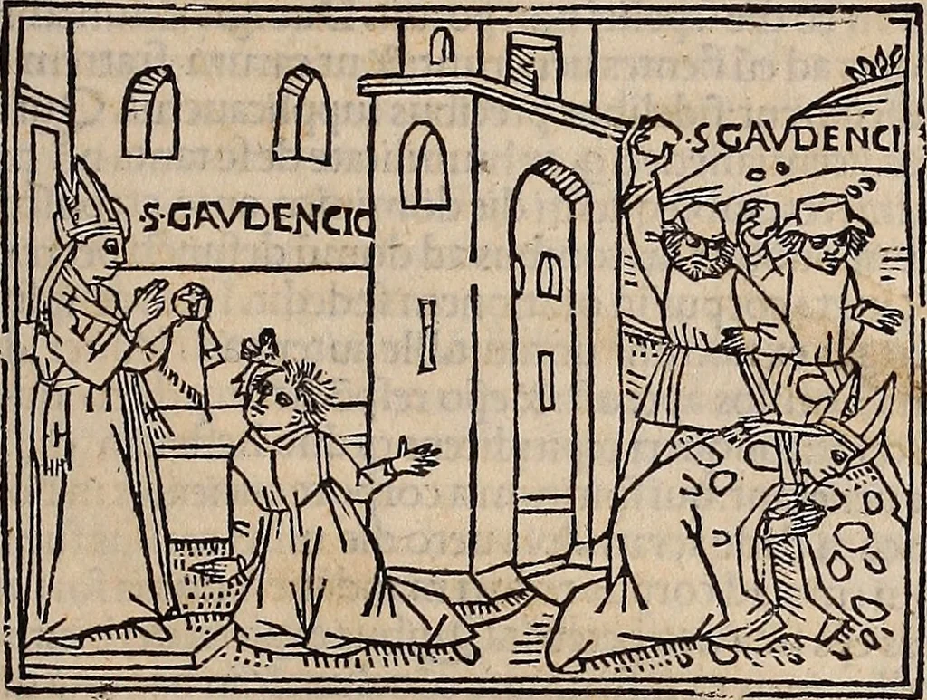 An illustration from Catalogus sanctorum [et] gestorum eoru[m] ex diuersis voluminibus collectus: editus a reuere[n]dissimo in [Christo] patre domino Petro de natalibus de venetijs dei gratia e[pisco]po Equilino, 1506, leaf 430