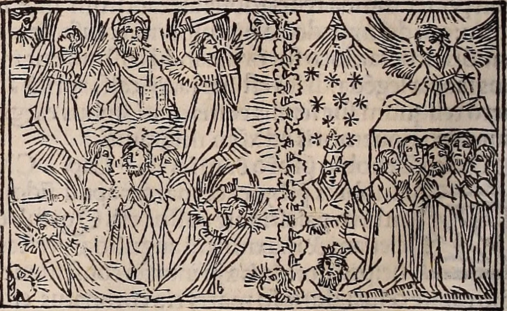 An illustration from Catalogus sanctorum [et] gestorum eoru[m] ex diuersis voluminibus collectus: editus a reuere[n]dissimo in [Christo] patre domino Petro de natalibus de venetijs dei gratia e[pisco]po Equilino, 1506, leaf 449
