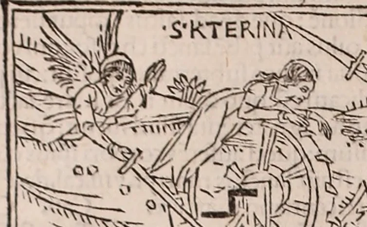 An illustration from Catalogus sanctorum [et] gestorum eoru[m] ex diuersis voluminibus collectus: editus a reuere[n]dissimo in [Christo] patre domino Petro de natalibus de venetijs dei gratia e[pisco]po Equilino, 1506, leaf 487