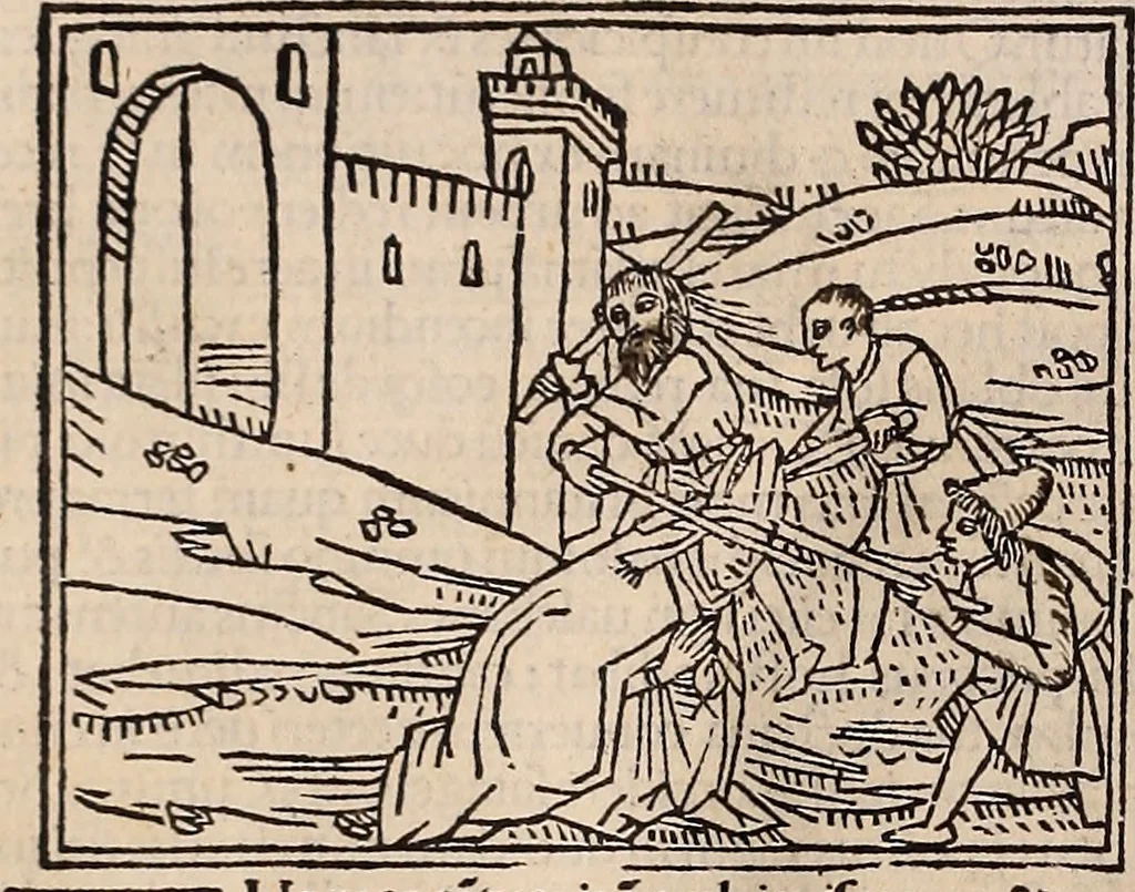 An illustration from Catalogus sanctorum [et] gestorum eoru[m] ex diuersis voluminibus collectus: editus a reuere[n]dissimo in [Christo] patre domino Petro de natalibus de venetijs dei gratia e[pisco]po Equilino, 1506, leaf 49
