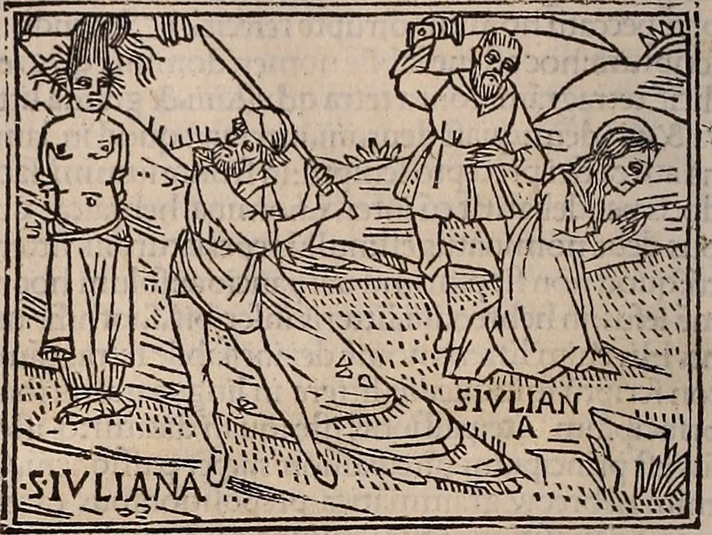 An illustration from Catalogus sanctorum [et] gestorum eoru[m] ex diuersis voluminibus collectus: editus a reuere[n]dissimo in [Christo] patre domino Petro de natalibus de venetijs dei gratia e[pisco]po Equilino, 1506, leaf 59