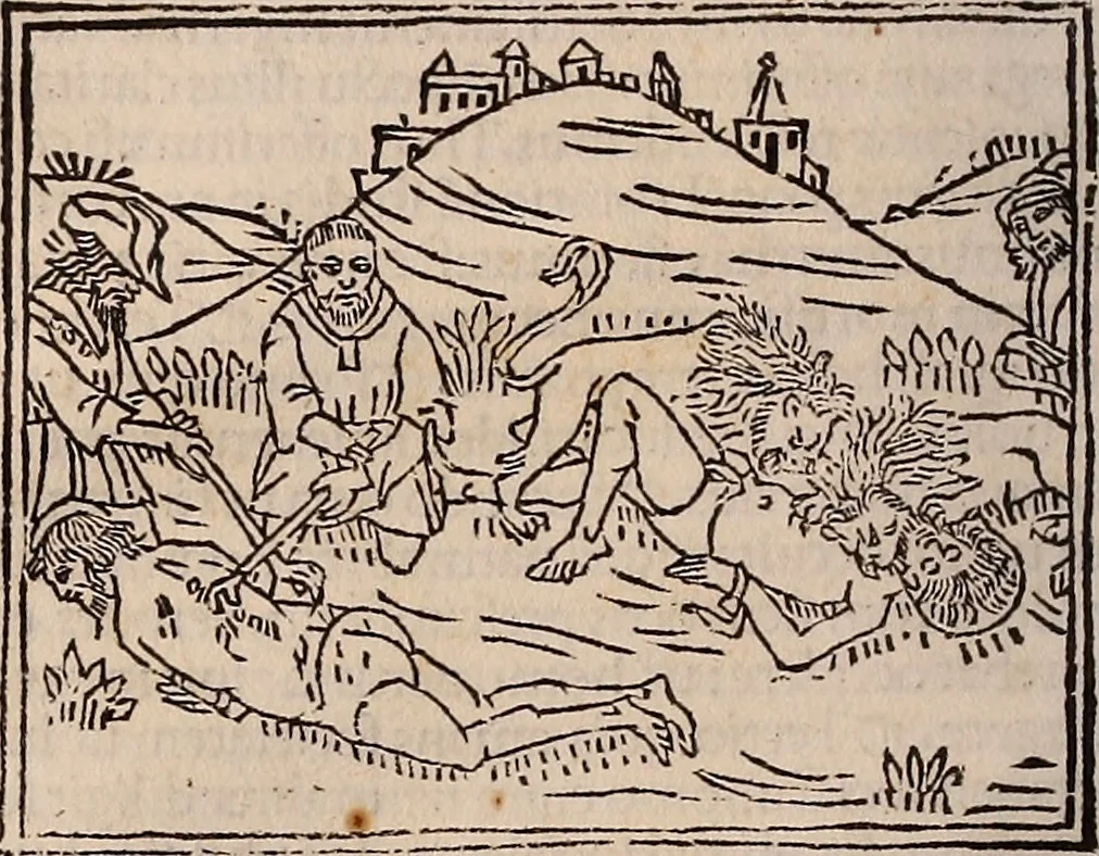 An illustration from Catalogus sanctorum [et] gestorum eoru[m] ex diuersis voluminibus collectus: editus a reuere[n]dissimo in [Christo] patre domino Petro de natalibus de venetijs dei gratia e[pisco]po Equilino, 1506, leaf 65