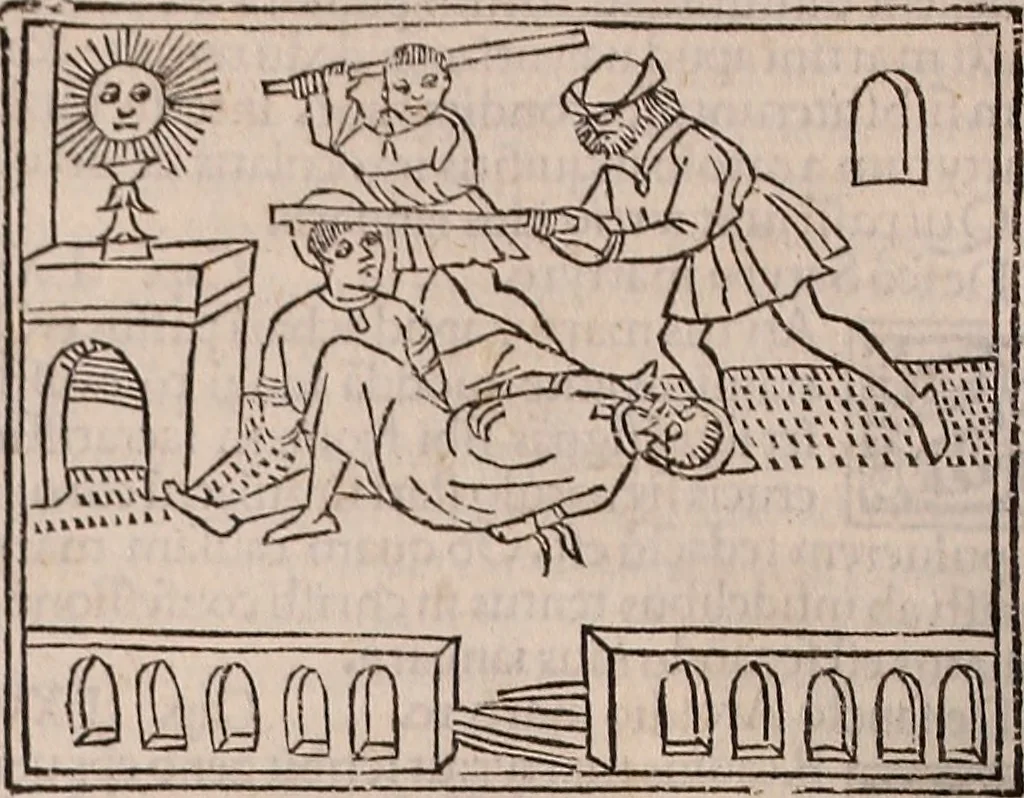 An illustration from Catalogus sanctorum [et] gestorum eoru[m] ex diuersis voluminibus collectus: editus a reuere[n]dissimo in [Christo] patre domino Petro de natalibus de venetijs dei gratia e[pisco]po Equilino, 1506, leaf 71