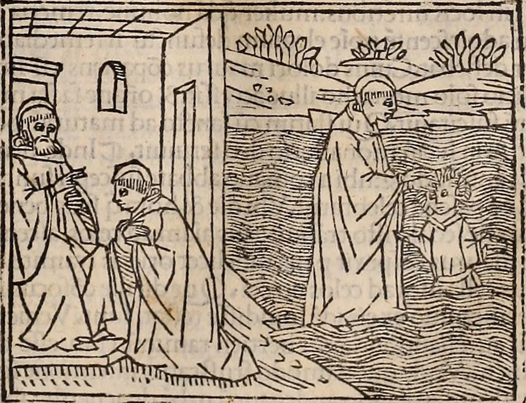 An illustration from Catalogus sanctorum [et] gestorum eoru[m] ex diuersis voluminibus collectus: editus a reuere[n]dissimo in [Christo] patre domino Petro de natalibus de venetijs dei gratia e[pisco]po Equilino, 1506, leaf 72