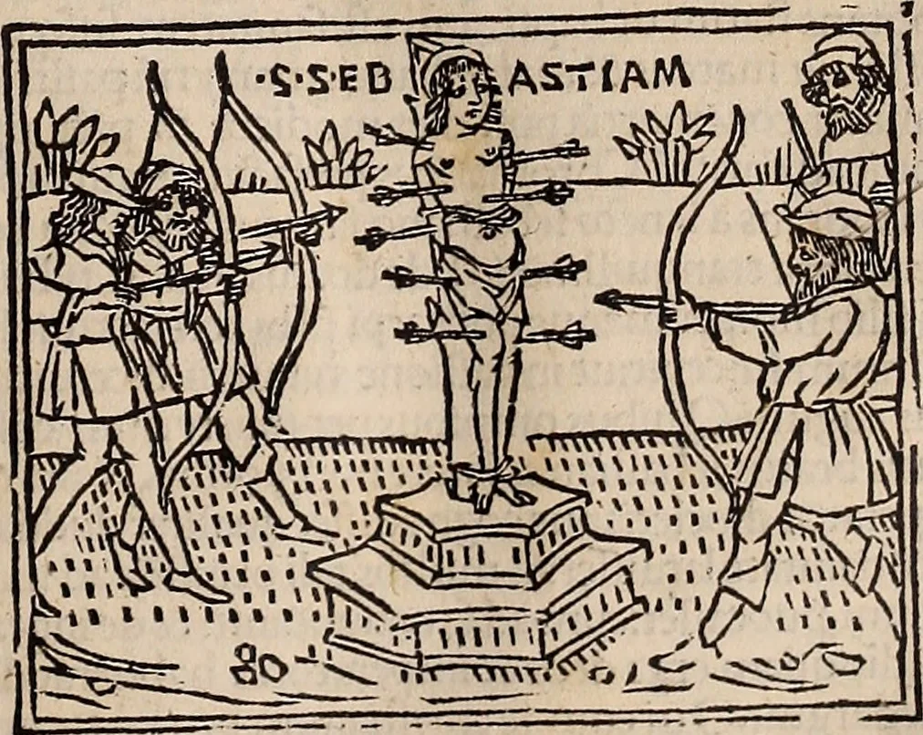 An illustration from Catalogus sanctorum [et] gestorum eoru[m] ex diuersis voluminibus collectus: editus a reuere[n]dissimo in [Christo] patre domino Petro de natalibus de venetijs dei gratia e[pisco]po Equilino, 1506, leaf 80