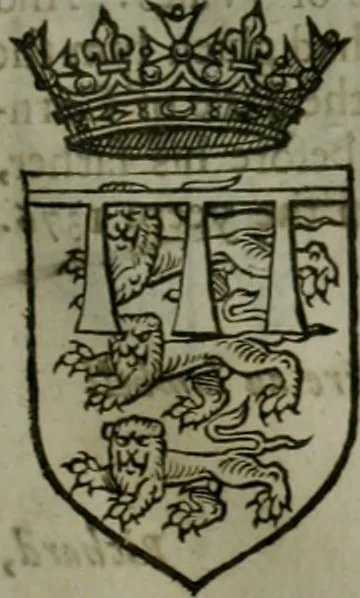 An illustration from A catalogve and succession of the kings, princes, dukes, marquesses, earles, and viscounts of this realme of England, since the Norman conquest, to this present yeere 1622. Together with their armes, wiues, and children; the times of their deaths and burials, with many of their memorable actions, 1622, leaf 106
