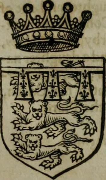 An illustration from A catalogve and succession of the kings, princes, dukes, marquesses, earles, and viscounts of this realme of England, since the Norman conquest, to this present yeere 1622. Together with their armes, wiues, and children; the times of their deaths and burials, with many of their memorable actions, 1622, leaf 145