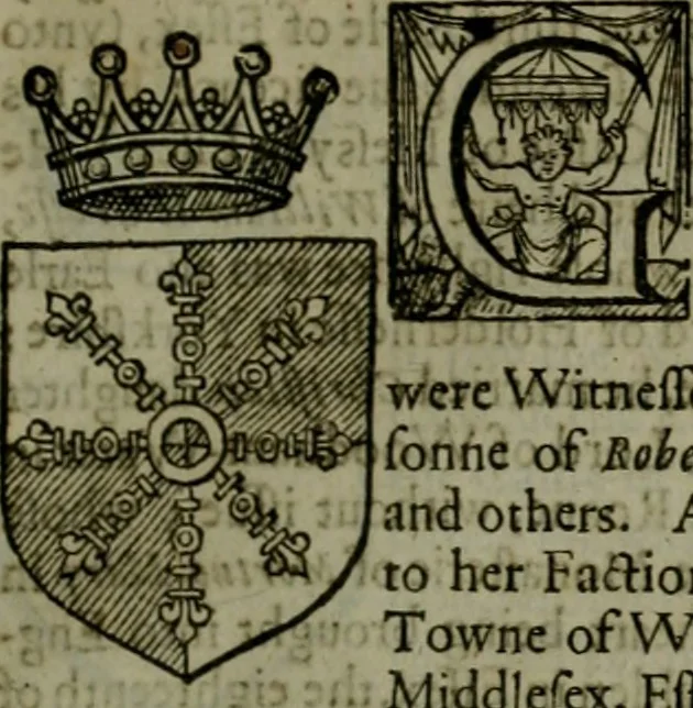 An illustration from A catalogve and succession of the kings, princes, dukes, marquesses, earles, and viscounts of this realme of England, since the Norman conquest, to this present yeere 1622. Together with their armes, wiues, and children; the times of their deaths and burials, with many of their memorable actions, 1622, leaf 156