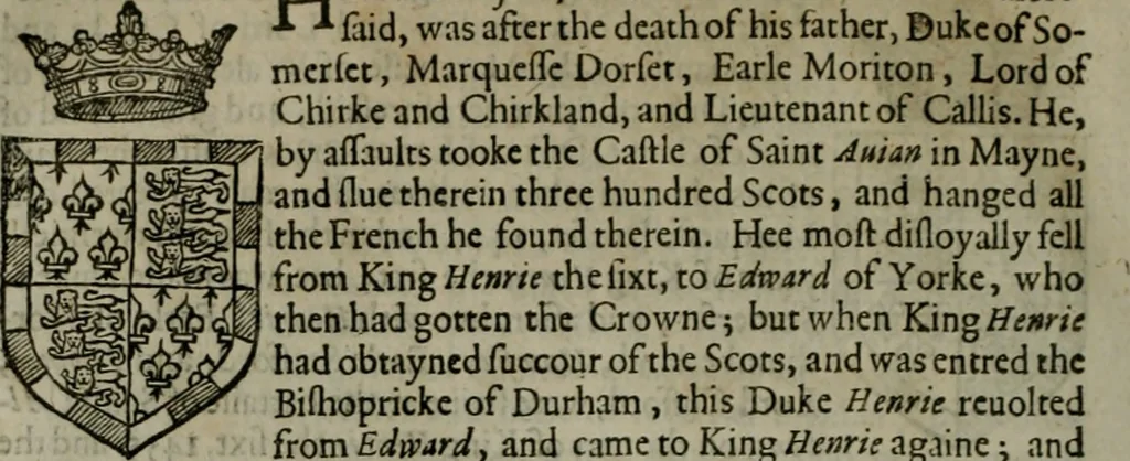 An illustration from A catalogve and succession of the kings, princes, dukes, marquesses, earles, and viscounts of this realme of England, since the Norman conquest, to this present yeere 1622. Together with their armes, wiues, and children; the times of their deaths and burials, with many of their memorable actions, 1622, leaf 325
