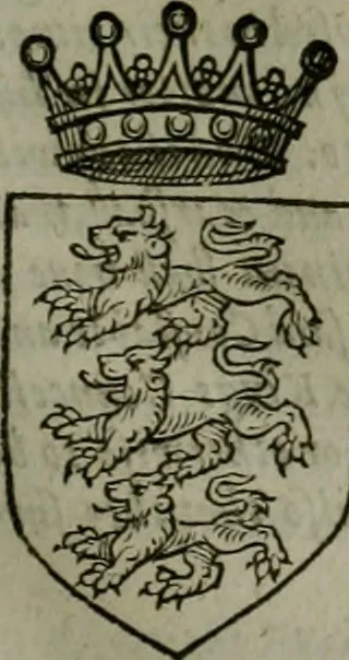 An illustration from A catalogve and succession of the kings, princes, dukes, marquesses, earles, and viscounts of this realme of England, since the Norman conquest, to this present yeere 1622. Together with their armes, wiues, and children; the times of their deaths and burials, with many of their memorable actions, 1622, leaf 76