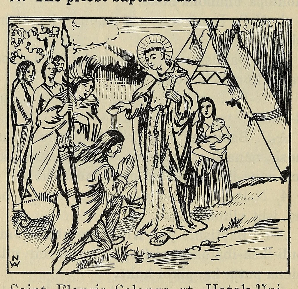 An illustration from A catechism of the Catholic religion, tr. into the Choctaw language .., 1916, leaf 100