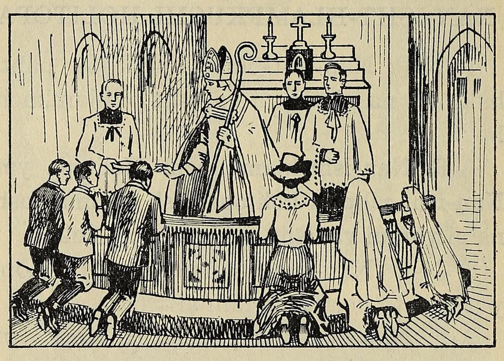 An illustration from A catechism of the Catholic religion, tr. into the Choctaw language .., 1916, leaf 106