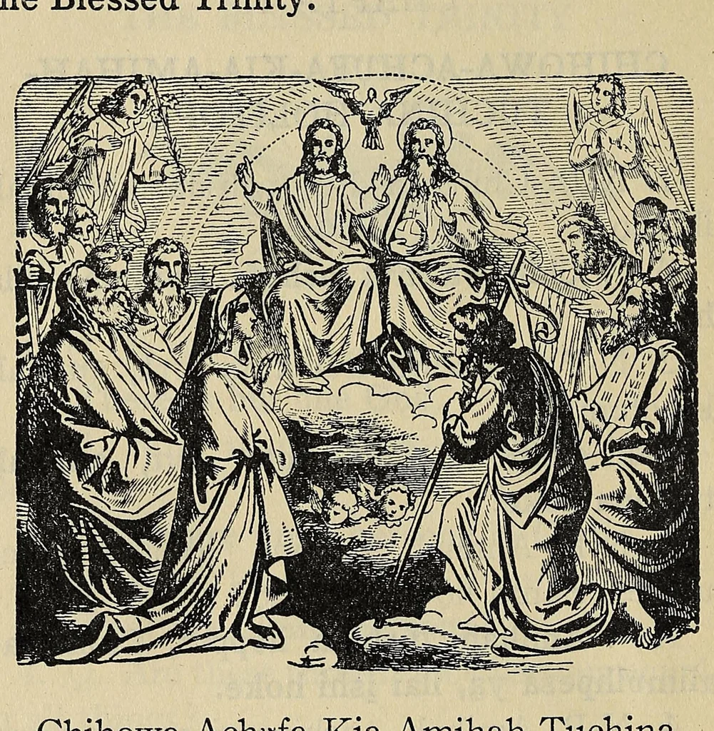 An illustration from A catechism of the Catholic religion, tr. into the Choctaw language .., 1916, leaf 32