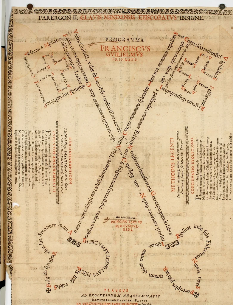 An illustration from Catena aurea virtutum episcopalium : anathema diuinae gloriae ad aras caelestium gratiarum affixum : nec non reverendissimo atque illustrissimo S. Rom. Imperii principi ac domino, D. Francisco Guilielmo episcopo Osnabrugensi et Verdensi, praeposito Ratisbonensi etc., comiti de Wartenberg, domino in Waldt, &c. : cum anno reparatae salutis humanae M.DC.XXXI. novi episcopatus Mindensis, novam mitram, clavemq[ue] sibi a sanctiss. d. n. Urbano papa VIII. oblatam ab invictissimo imperatore Ferdinando II. confirmatam, acceptaret, oblatum ac consecratum ab eiusdem Suae Celsitudinis Collegio Societatis Jesu Osnabrugi fundato, 1631, leaf 11