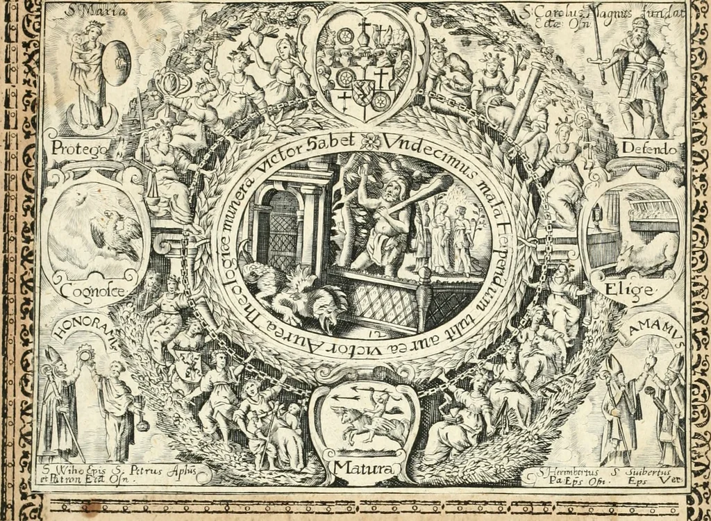 An illustration from Catena aurea virtutum episcopalium : anathema diuinae gloriae ad aras caelestium gratiarum affixum : nec non reverendissimo atque illustrissimo S. Rom. Imperii principi ac domino, D. Francisco Guilielmo episcopo Osnabrugensi et Verdensi, praeposito Ratisbonensi etc., comiti de Wartenberg, domino in Waldt, &c. : cum anno reparatae salutis humanae M.DC.XXXI. novi episcopatus Mindensis, novam mitram, clavemq[ue] sibi a sanctiss. d. n. Urbano papa VIII. oblatam ab invictissimo imperatore Ferdinando II. confirmatam, acceptaret, oblatum ac consecratum ab eiusdem Suae Celsitudinis Collegio Societatis Jesu Osnabrugi fundato, 1631, leaf 14