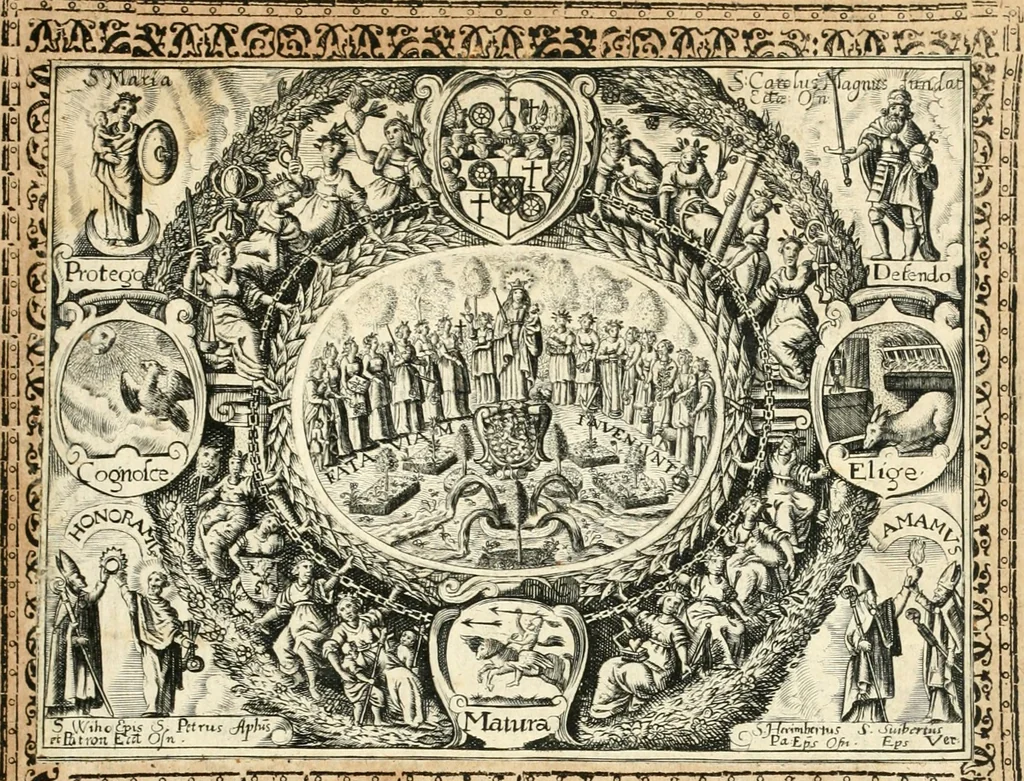 An illustration from Catena aurea virtutum episcopalium : anathema diuinae gloriae ad aras caelestium gratiarum affixum : nec non reverendissimo atque illustrissimo S. Rom. Imperii principi ac domino, D. Francisco Guilielmo episcopo Osnabrugensi et Verdensi, praeposito Ratisbonensi etc., comiti de Wartenberg, domino in Waldt, &c. : cum anno reparatae salutis humanae M.DC.XXXI. novi episcopatus Mindensis, novam mitram, clavemq[ue] sibi a sanctiss. d. n. Urbano papa VIII. oblatam ab invictissimo imperatore Ferdinando II. confirmatam, acceptaret, oblatum ac consecratum ab eiusdem Suae Celsitudinis Collegio Societatis Jesu Osnabrugi fundato, 1631, leaf 18
