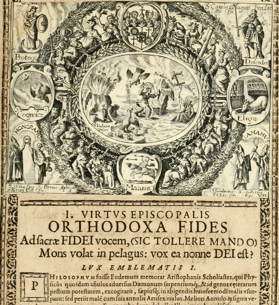 An illustration from Catena aurea virtutum episcopalium : anathema diuinae gloriae ad aras caelestium gratiarum affixum : nec non reverendissimo atque illustrissimo S. Rom. Imperii principi ac domino, D. Francisco Guilielmo episcopo Osnabrugensi et Verdensi, praeposito Ratisbonensi etc., comiti de Wartenberg, domino in Waldt, &c. : cum anno reparatae salutis humanae M.DC.XXXI. novi episcopatus Mindensis, novam mitram, clavemq[ue] sibi a sanctiss. d. n. Urbano papa VIII. oblatam ab invictissimo imperatore Ferdinando II. confirmatam, acceptaret, oblatum ac consecratum ab eiusdem Suae Celsitudinis Collegio Societatis Jesu Osnabrugi fundato, 1631, leaf 24
