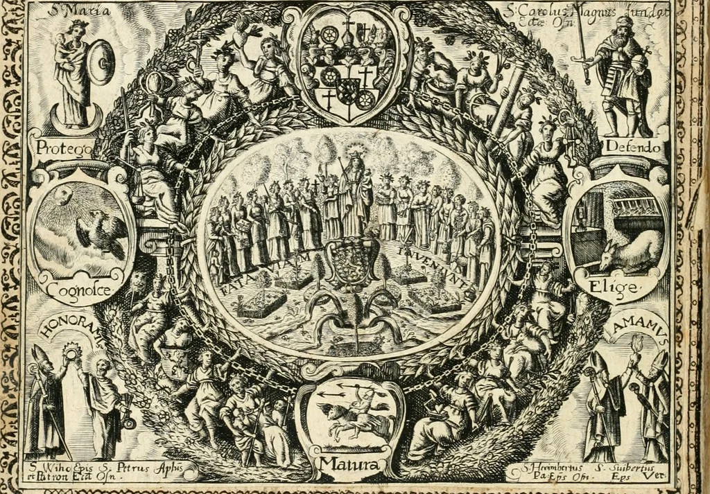 An illustration from Catena aurea virtutum episcopalium : anathema diuinae gloriae ad aras caelestium gratiarum affixum : nec non reverendissimo atque illustrissimo S. Rom. Imperii principi ac domino, D. Francisco Guilielmo episcopo Osnabrugensi et Verdensi, praeposito Ratisbonensi etc., comiti de Wartenberg, domino in Waldt, &c. : cum anno reparatae salutis humanae M.DC.XXXI. novi episcopatus Mindensis, novam mitram, clavemq[ue] sibi a sanctiss. d. n. Urbano papa VIII. oblatam ab invictissimo imperatore Ferdinando II. confirmatam, acceptaret, oblatum ac consecratum ab eiusdem Suae Celsitudinis Collegio Societatis Jesu Osnabrugi fundato, 1631, leaf 3