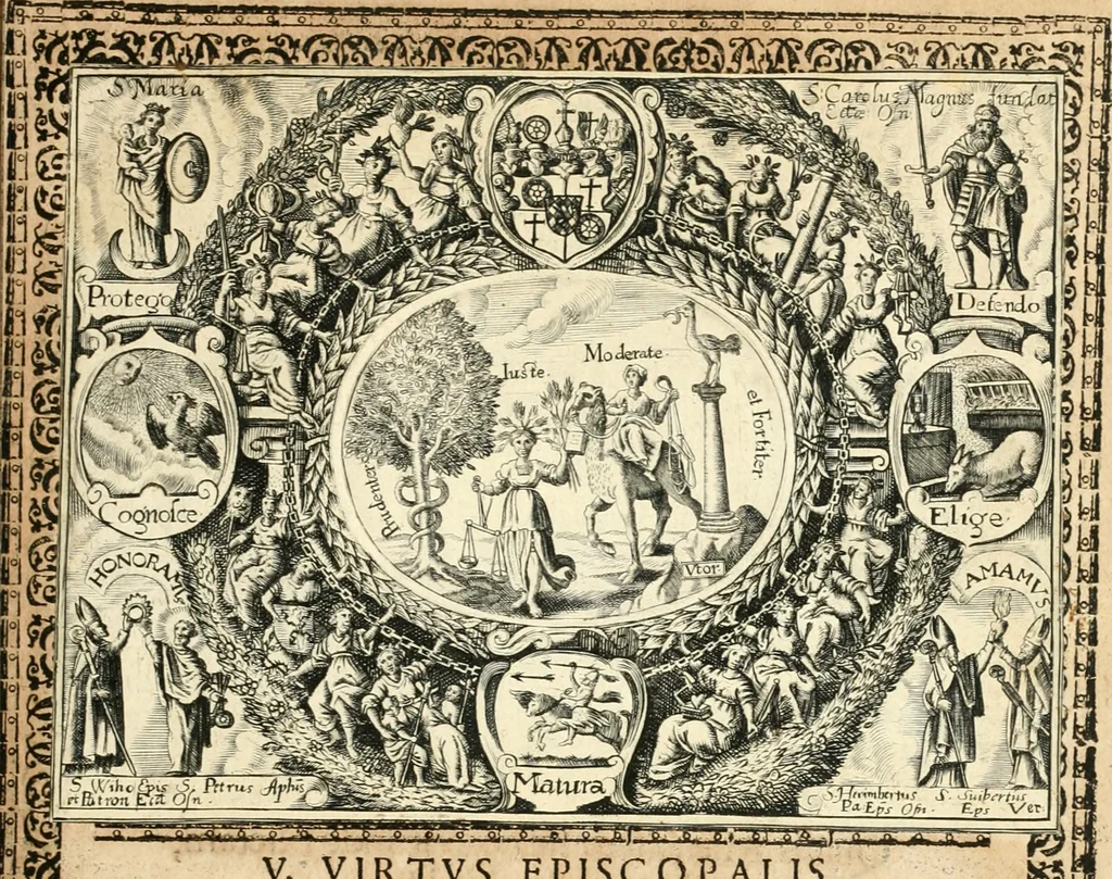 An illustration from Catena aurea virtutum episcopalium : anathema diuinae gloriae ad aras caelestium gratiarum affixum : nec non reverendissimo atque illustrissimo S. Rom. Imperii principi ac domino, D. Francisco Guilielmo episcopo Osnabrugensi et Verdensi, praeposito Ratisbonensi etc., comiti de Wartenberg, domino in Waldt, &c. : cum anno reparatae salutis humanae M.DC.XXXI. novi episcopatus Mindensis, novam mitram, clavemq[ue] sibi a sanctiss. d. n. Urbano papa VIII. oblatam ab invictissimo imperatore Ferdinando II. confirmatam, acceptaret, oblatum ac consecratum ab eiusdem Suae Celsitudinis Collegio Societatis Jesu Osnabrugi fundato, 1631, leaf 38
