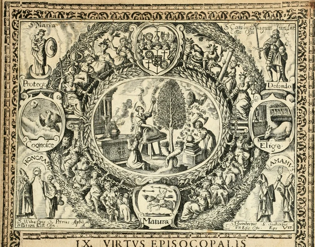 An illustration from Catena aurea virtutum episcopalium : anathema diuinae gloriae ad aras caelestium gratiarum affixum : nec non reverendissimo atque illustrissimo S. Rom. Imperii principi ac domino, D. Francisco Guilielmo episcopo Osnabrugensi et Verdensi, praeposito Ratisbonensi etc., comiti de Wartenberg, domino in Waldt, &c. : cum anno reparatae salutis humanae M.DC.XXXI. novi episcopatus Mindensis, novam mitram, clavemq[ue] sibi a sanctiss. d. n. Urbano papa VIII. oblatam ab invictissimo imperatore Ferdinando II. confirmatam, acceptaret, oblatum ac consecratum ab eiusdem Suae Celsitudinis Collegio Societatis Jesu Osnabrugi fundato, 1631, leaf 50