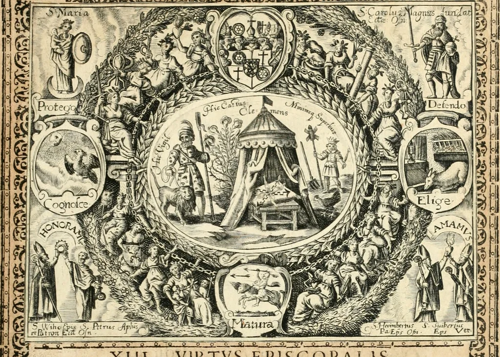 An illustration from Catena aurea virtutum episcopalium : anathema diuinae gloriae ad aras caelestium gratiarum affixum : nec non reverendissimo atque illustrissimo S. Rom. Imperii principi ac domino, D. Francisco Guilielmo episcopo Osnabrugensi et Verdensi, praeposito Ratisbonensi etc., comiti de Wartenberg, domino in Waldt, &c. : cum anno reparatae salutis humanae M.DC.XXXI. novi episcopatus Mindensis, novam mitram, clavemq[ue] sibi a sanctiss. d. n. Urbano papa VIII. oblatam ab invictissimo imperatore Ferdinando II. confirmatam, acceptaret, oblatum ac consecratum ab eiusdem Suae Celsitudinis Collegio Societatis Jesu Osnabrugi fundato, 1631, leaf 62