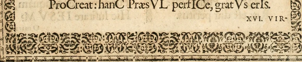 An illustration from Catena aurea virtutum episcopalium : anathema diuinae gloriae ad aras caelestium gratiarum affixum : nec non reverendissimo atque illustrissimo S. Rom. Imperii principi ac domino, D. Francisco Guilielmo episcopo Osnabrugensi et Verdensi, praeposito Ratisbonensi etc., comiti de Wartenberg, domino in Waldt, &c. : cum anno reparatae salutis humanae M.DC.XXXI. novi episcopatus Mindensis, novam mitram, clavemq[ue] sibi a sanctiss. d. n. Urbano papa VIII. oblatam ab invictissimo imperatore Ferdinando II. confirmatam, acceptaret, oblatum ac consecratum ab eiusdem Suae Celsitudinis Collegio Societatis Jesu Osnabrugi fundato, 1631, leaf 70