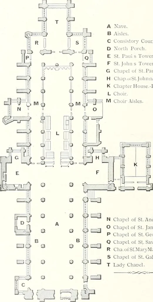 An illustration from The Cathedrals of England and Wales : their history, architecture, and associations ; with a series of Rembrandt plates and many illustrations in the text, 1906, leaf 235