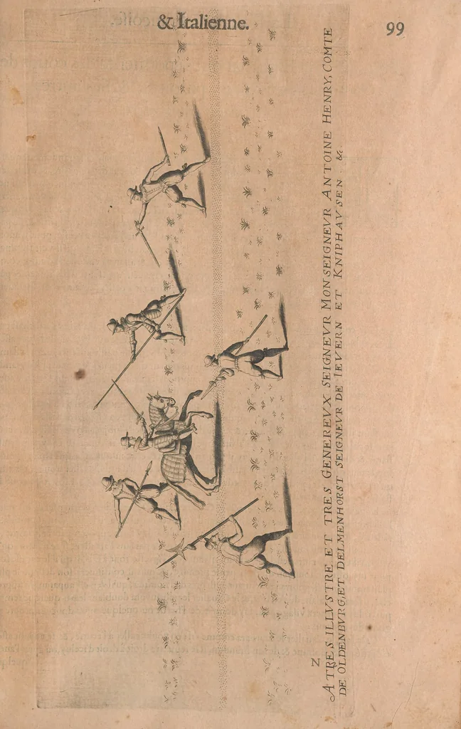 An illustration from La cavalerie françoise et italienne, ou, L'art de bien dresser les chevaux, selon les preceptes des bonnes écoles des deux nations : tant pour le plaisir de la carriere, et des carozels que pour le service de la guerre, 1620, leaf 108