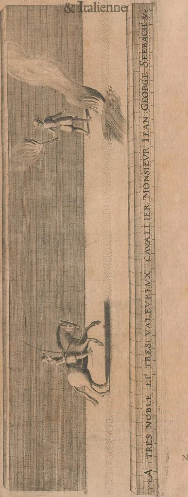 An illustration from La cavalerie françoise et italienne, ou, L'art de bien dresser les chevaux, selon les preceptes des bonnes écoles des deux nations : tant pour le plaisir de la carriere, et des carozels que pour le service de la guerre, 1620, leaf 110
