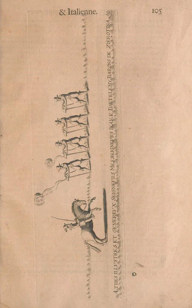 An illustration from La cavalerie françoise et italienne, ou, L'art de bien dresser les chevaux, selon les preceptes des bonnes écoles des deux nations : tant pour le plaisir de la carriere, et des carozels que pour le service de la guerre, 1620, leaf 114