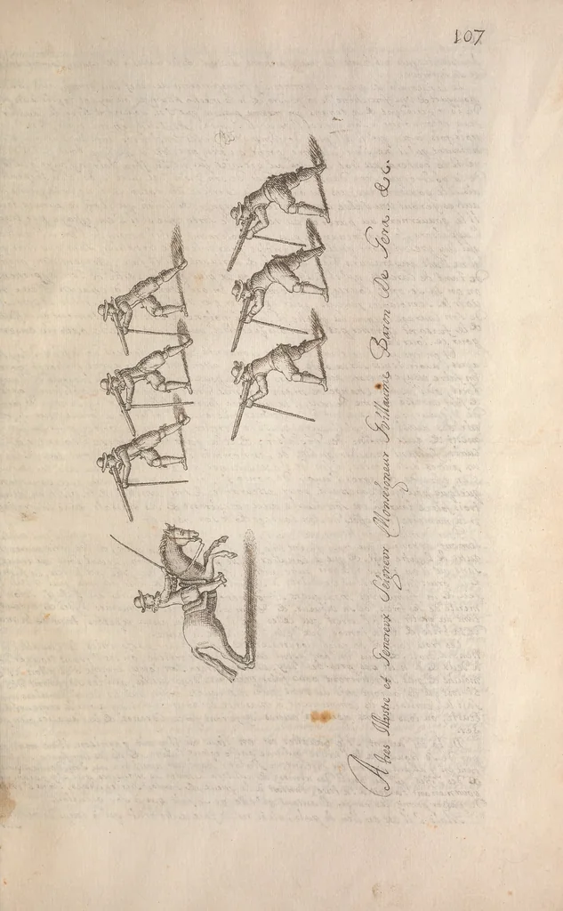 An illustration from La cavalerie françoise et italienne, ou, L'art de bien dresser les chevaux, selon les preceptes des bonnes écoles des deux nations : tant pour le plaisir de la carriere, et des carozels que pour le service de la guerre, 1620, leaf 116