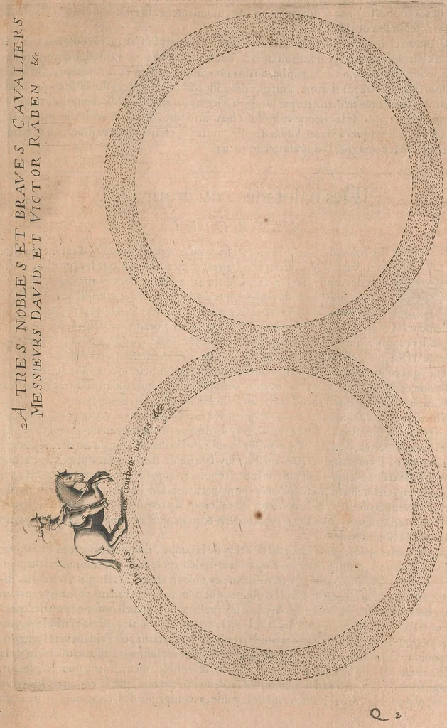 An illustration from La cavalerie françoise et italienne, ou, L'art de bien dresser les chevaux, selon les preceptes des bonnes écoles des deux nations : tant pour le plaisir de la carriere, et des carozels que pour le service de la guerre, 1620, leaf 132