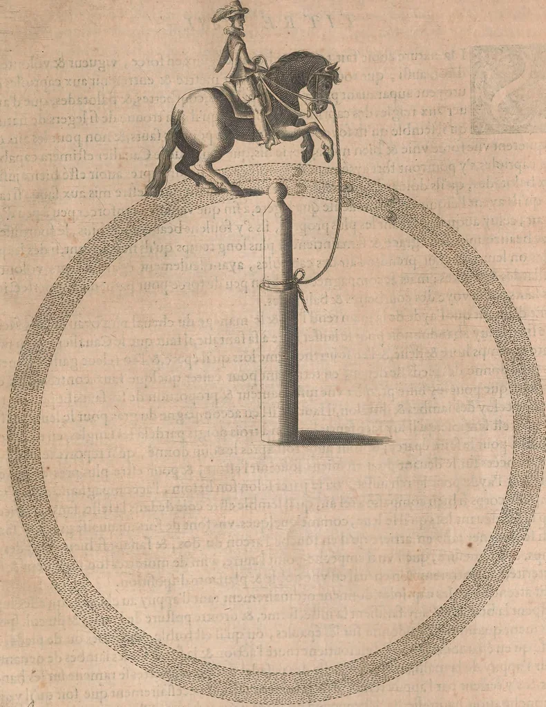 An illustration from La cavalerie françoise et italienne, ou, L'art de bien dresser les chevaux, selon les preceptes des bonnes écoles des deux nations : tant pour le plaisir de la carriere, et des carozels que pour le service de la guerre, 1620, leaf 136